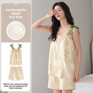 Miiow | Womens Silk Sleepwear Thin Summer Home Clothes Set With Chest Pad Vest Outerwear Suitable Cat Person Active Color Cotton Blend