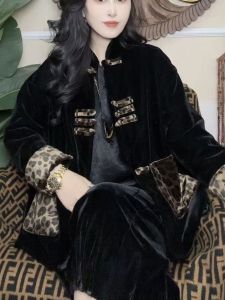 High-End New Chinese Style Velvet Patchwork Leopard Print Cotton Jacket Women Winter Warm Loose Slimming Tang Suit Cotton Coat
