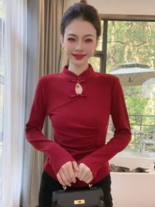 Chic Chinese Style Womens Fashion Base Shirt Autumn Winter Long Sleeve T-Shirt Asymmetric Splicing Slim Fit Top for Office