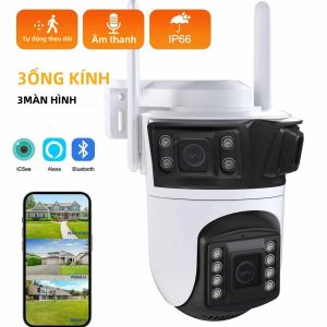 Camera IP PTZ 3 Ống Kính 6K HD WiFi Ngoài Trời Tự Động Theo Dõi Camera CCTV Không Dây 4K Hai Ống Kính Camera Dome iCsee Hai Ống Kính
