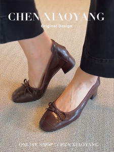 Handmade Leather Shoes with Bow Tie Soft Surface Retro Sheepskin Square Head Thick Heel Mary Jane Shoes for Women New Style