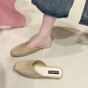 Womens Soft Bottom Slip-On Half Slippers Casual Summer New Style French Gentle One-Step-In Sandals Flat Heel PVC Material