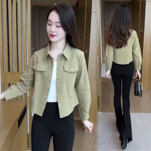 เสื้อเชิ้ตผู้หญิงสั้นแฟชั่นฤดูใบไม้ผลิและฤดูใบไม้ร่วง 2025 ใหม่ เสื้อคลุมกันหนาวสไตล์เกาหลี ทรงเข้ารูป แขนยาว สีพื้น