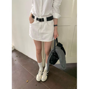 High-Waist Slimming Denim Skirt from Bean Pure Color Work Clothing A-Line Short Skirt with Back Pocket