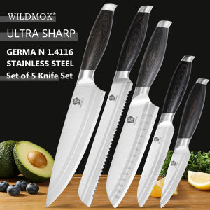 WILDMOK 5 Piece Professional Kitchen Chef Knife Set German Stainless Steel with Pakkawood Handle Cooking Knife Set