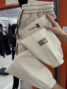 European Goods Western Style Bear Embroidery Casual Sweatpants Female Fall and Winter Fleece-lined High Waist Loose-Fitting Slimming Ankle-Banded Harem Sports Pants