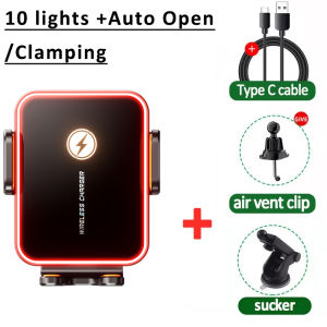 Mini Auto Open Clamping 10 Lights Car Wireless Charger Phone Holder Stand 360 Rotation Fast Charging Bracket For iPhone Samsung