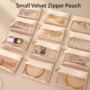 2 Pcs Travel Jewelry Organizer Pouch with Zipper Portable Clear Bag for Necklace Earrings and Rings Clear velvet zipper pockets Jewelry Storage Bag Organizer Case for Traveling Women Girl Gift