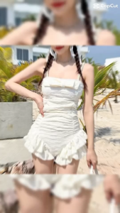 Mookrinstyle บอดี้สูทสายเดี่ยว น่ารักมาก แต่ชายรอบๆ แต่งโบว์กลางอก ใส่ไปทะเล สไตล์คุณหนู