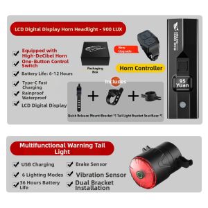 SMILING SHARK | Waterproof Strong Light Childrens Rechargeable Long Battery Life Bicycle Front Light with Horn