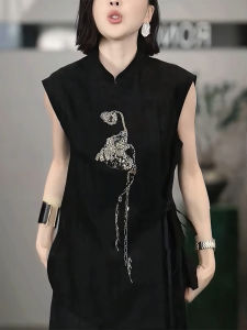QINGNAER | Chinese Zen Elegant Heavy Beaded Embroidery Short Sleeve Mandarin Collar Shirt