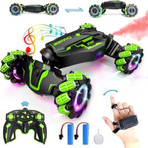 2.4GHz Remote Control Double-Sided Stunt Car with Hand Gesture Sensing Lights & Music Spray Function and 360° Spins for Kids (Green)