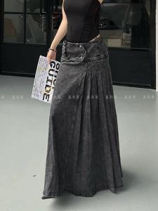 Retro Washed Workwear Skirt Womens Summer New Y2K Millennium Style Hot Girl Long Skirt A-Line Midi Skirt Natural Waist