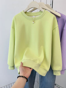 Womens Solid Color round Neck Hoodless Sweatshirt Thin Long Sleeve Overhead Spring Autumn Green Color Comfortable Casual Top