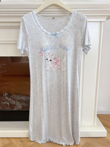 ชุดนอนผู้หญิงแขนสั้นผ้าโมดอลสีน้ำเงิน ชุดนอนฤดูใบไม้ผลิและฤดูใบไม้ร่วง ชุดนอนผ้าฝ้ายลายแมวสุดน่ารักพร้อมแผ่นเสริมหน้าอก