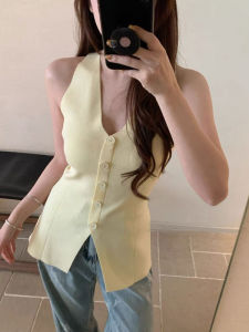 YUEZHONGWEI | Yellow V-Neck Ice Silk Knit Vest  Womens Summer Slim Fit Short Sleeve Top