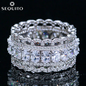 SEQUITO European Style Dazzling Ladies Finger Jewelry White Gold Plated Full Paved Setting Bling Bling Oval AAA Cubic Zirconia Excellent Brides Prom Party Hollow Ring SR093