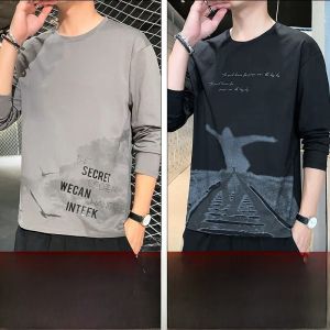 ROMON | Long Sleeve Pure Cotton T-Shirt Round Neck Printed Spring Autumn Style Mens Fashionable Comfortable Base Layer Shirt