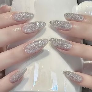24pcs/set Short Medium Long fake nails golden brown silver sparkling glitter Square almond ballet tips press on false nail art
