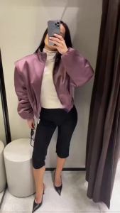 KLKXMYT Fashion Satin Cropped Bomber Jackets For Women 2026 Spring Casual Stand Collar Puff Sleeve Zipper Lady Streetwear Coat