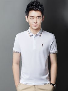 ROMON | Áo thun polo tay ngắn mùa hè bằng lụa băng thêu tay áo trẻ trung thường ngày dành cho nam thương hiệu Romon cổ polo