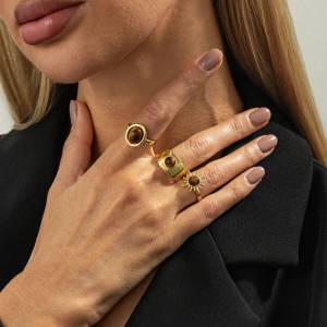 Salircon 3Pcs/set Retro Brown Stone Rings Women New Irregular Gold Color Aesthetic Opening Adjustable Ring Couples Jewelry Gifts