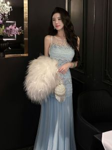 SHANGSHA | Elegant Evening Gown with French Style and Blue Lace