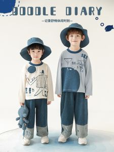 Yoehyaul Spring New Loose Long Sleeve round Neck Graffiti Cartoon Print Boys T Shirt Casual Fashion Childrens Top for Kids