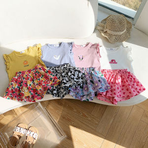 Childrens Cotton Print Summer Outfit Thin Short Sleeve T-shirt Skirt Pants Two-piece Set Korean Style Pure Cotton Clothes