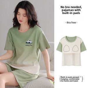 miiow | Pure Cotton Sleepwear Womens Summer Short Sleeve Shorts Home Clothes Set With Chest Pad Breathable Comfortable Lightweight