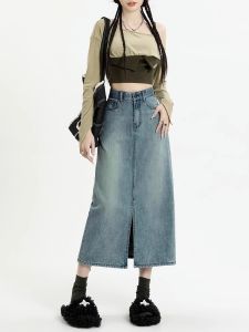 High Waist A-Line Denim Skirt for Pear Shaped Women Early Autumn Slimming Hip Covering Half Skirt Large Size Fat MM Split