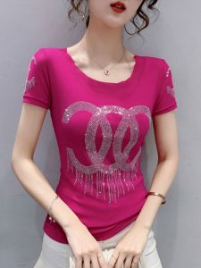 Summer New Arrival Fashion Heavy Embroidery Hot Drilling Small Shirt Womens Western Style Youthful-Looking Silm Slimming Mesh Top T-shirt with Short Sleeves Tide