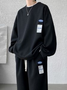 ROMON | Romon Mens Casual Sports Set Spring Autumn Loose Fit Hoodie Sweatpants Two-Piece Trendy Polyester Long Sleeve Long Pants