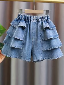 Girls Summer Pleated Frill Denim Shorts Fashionable Lightweight Beach Seaside Holiday Wear for Kids.Full elastic waistband