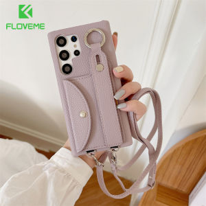 FLOVEME With Lanyard Hang Strap Leather Phone Case For Samsung S23 S22 S21 S20 Ultra S23+ S22+ S21+ S20+ Plus Wallet Card Bag Wrist Strap All-inclusive Shockproof Back Cover For Samsung A72 A54 A34 A14 A13