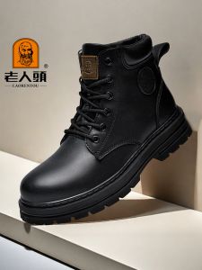 Mens Martin Boots Fleece Lined Genuine Leather Snow Boots Work Boots Large Size Winter Cotton Shoes for Couples