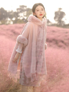 Pink Cloak Outerwear Winter Thickened Fleece Womens Outerwear Overcoat Traditional Cheongsam Style Mid-Length Vintage Design
