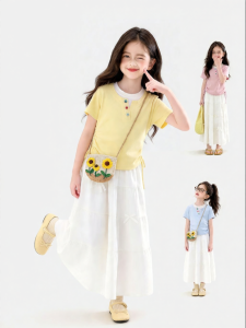 SQTN.KIDS | Trendy Bestselling Pseudo Two-Piece Short Sleeve Skirt Set for Girls