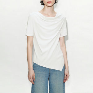 AMII | Flutter Neck Asymmetric Hem Gathered Elastic T-shirt
