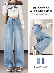 Quần jeans nữ La Chapelle ống rộng cạp cao dáng suông đính đá
