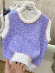 Áo Len Dệt Kim Nữ Màu Khối Thời Trang Thu Đông Mới Áo Khoác Ngoài Lớp Lót Thanh Lịch Sang Trọng Áo Vest Ngắn Cổ Tròn