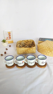 Gelas custom + tatakan kayu jati finishing foodgrade