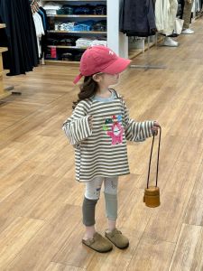 Cute Cartoon Stripe T-Shirt for Girls Spring New Style Kindergarten Children Baby Clothing Casual Loose Fit Long Sleeve round Neck