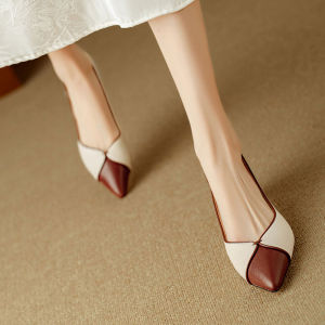 IOUYOH Comfortable Leather Color Block Pointed Toe Womens Shoes Fashionable Commute Cat Heel Summer Shoes Not Tired Feet