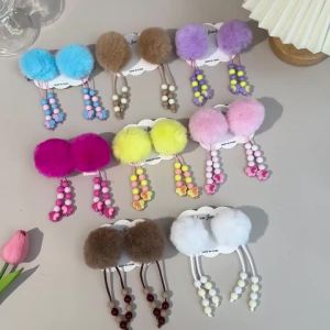 2Pcs Pom-Pom Hairpins Cute Fluffy Ball Hair Clips With Butterfly Beads Dangle Barrette For Girls Children Headwear Accesories