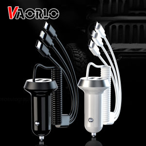VAORLO 3 in 1 Car Charger 18W Dual USB Charger Adapter 12v 24v Fast Charger 3 Cable Type C/Micro USB/Lightning Charging Cable