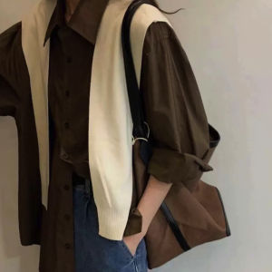 Áo Sơ Mi Dài Tay Rộng Rãi Màu Nâu Thời Trang Giảm Tuổi Tác Đa Năng Cỡ Lớn Cho Nữ Từ 2-300 Pound Mùa Xuân Thu