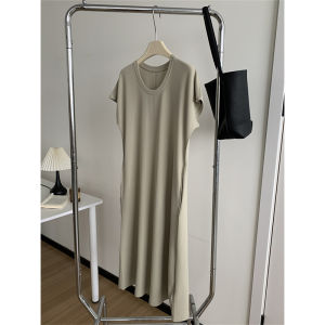 Lazy Dark Gray U Collar Flying Sleeves Dress Summer New Arrival Drooping Slimming Easiest for Match Mid Length Long Length Short Sleeve T-shirt Skirt