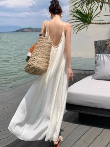 ชุดเดรสยาวสายเดี่ยวสไตล์ฝรั่งเศส ทรงหลวม แขนกุด คอตั้ง สไตล์วินเทจ ช่วงไหล่เปิด ชุดเดรสชายหาดสำหรับฤดูร้อน