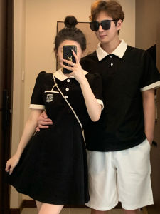 French Preppy Style Couple Matching Summer Outfit Polo Collar T-Shirt And Skirt High Waist A-Line Dress Short Sleeve